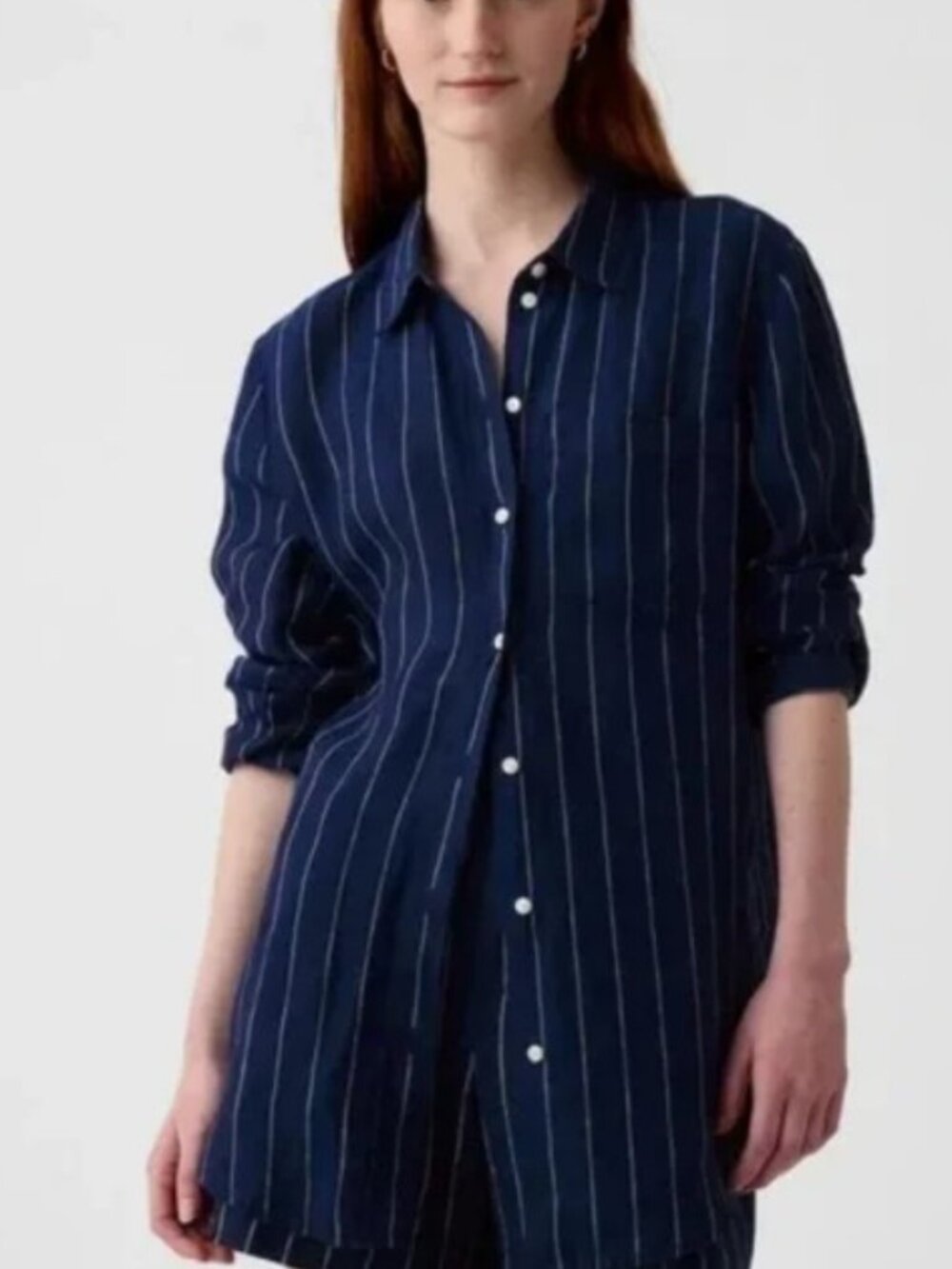 GAP Medium 100% Linen Boyfriend Shirt Navy blue pinstripe